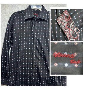 Visconti Black Mens M Long Sleeve Button Down Dress Shirt Geometric Paisley Cuff